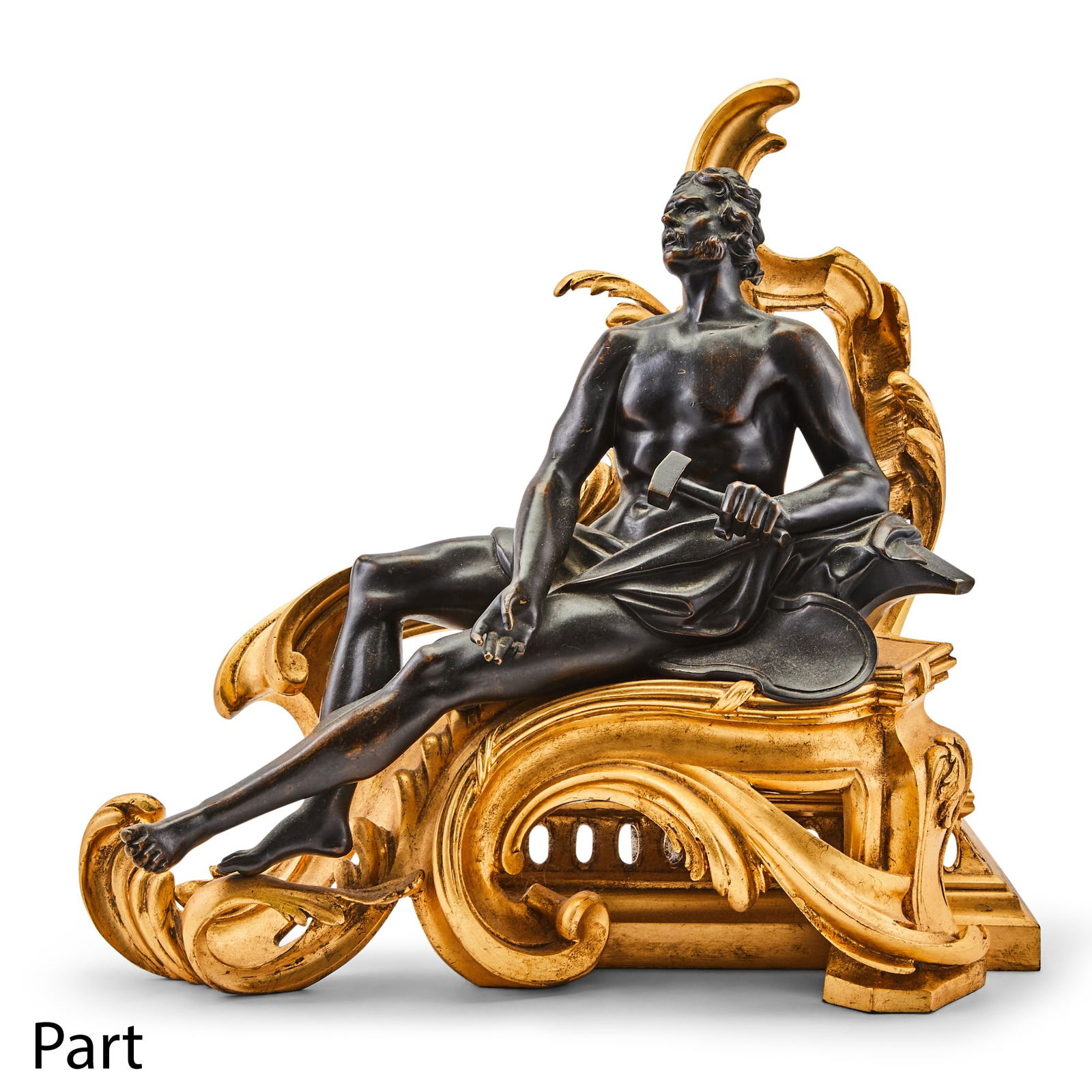 Pair of Louis XV Style Gilt and Patinated Bronze Chenets: Each cast as a reclining figure of Venus or Vulcan amid scrolling foliage. Height 19 inches (48.3), width 21 inches. (53.4cm), depth 16 3/4 inches (42.7 cm).