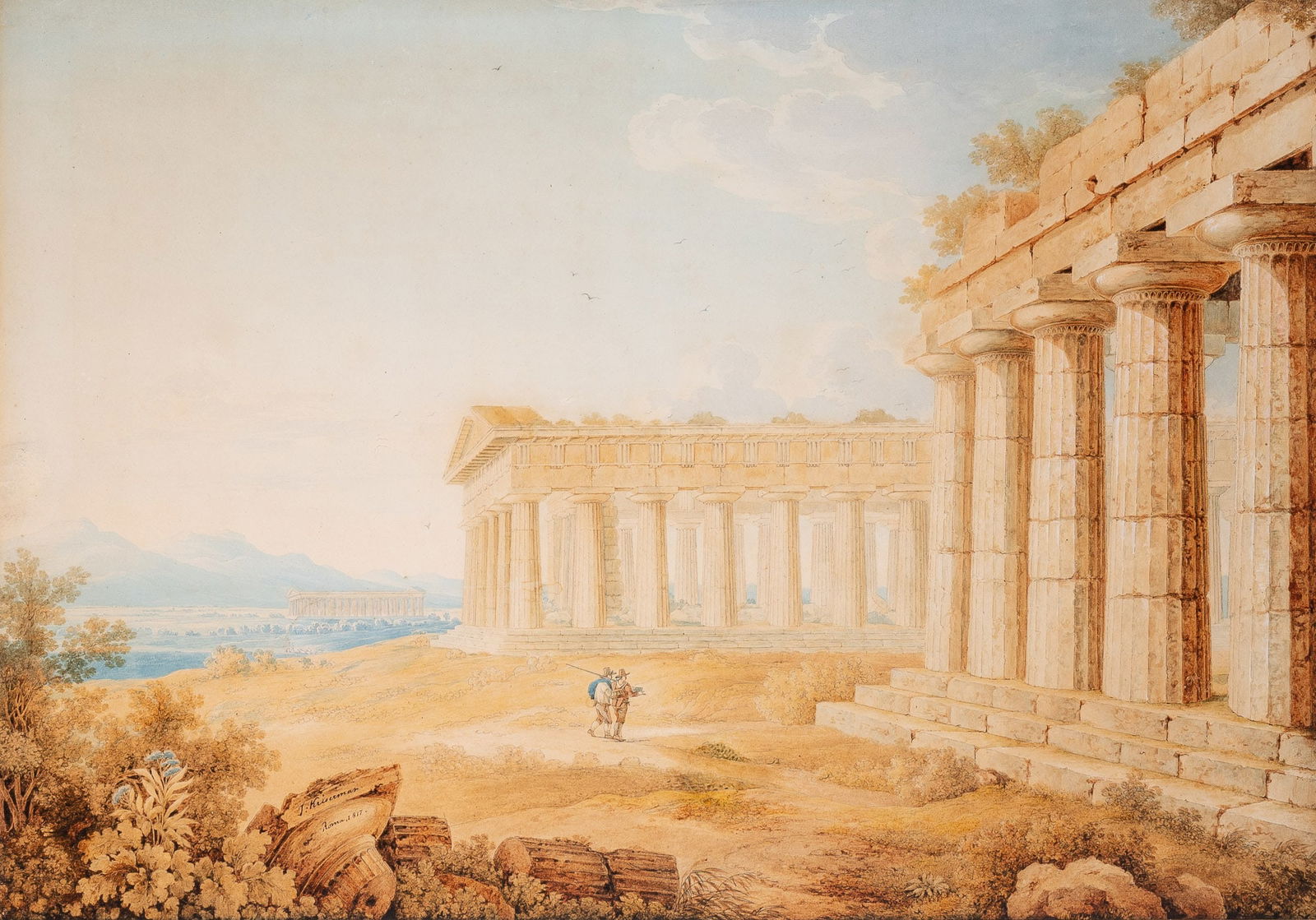 Franz Kaisermann: Swiss, 1765-1833 View of the Temples at Paestum Signed F: Kaiserman. and dated Roma, 1815. (ll) Watercolor with brown ink, gray wash, and black chalk on paper 21 1/4 x 29 ¾ inches (54 x 75.5 cm)