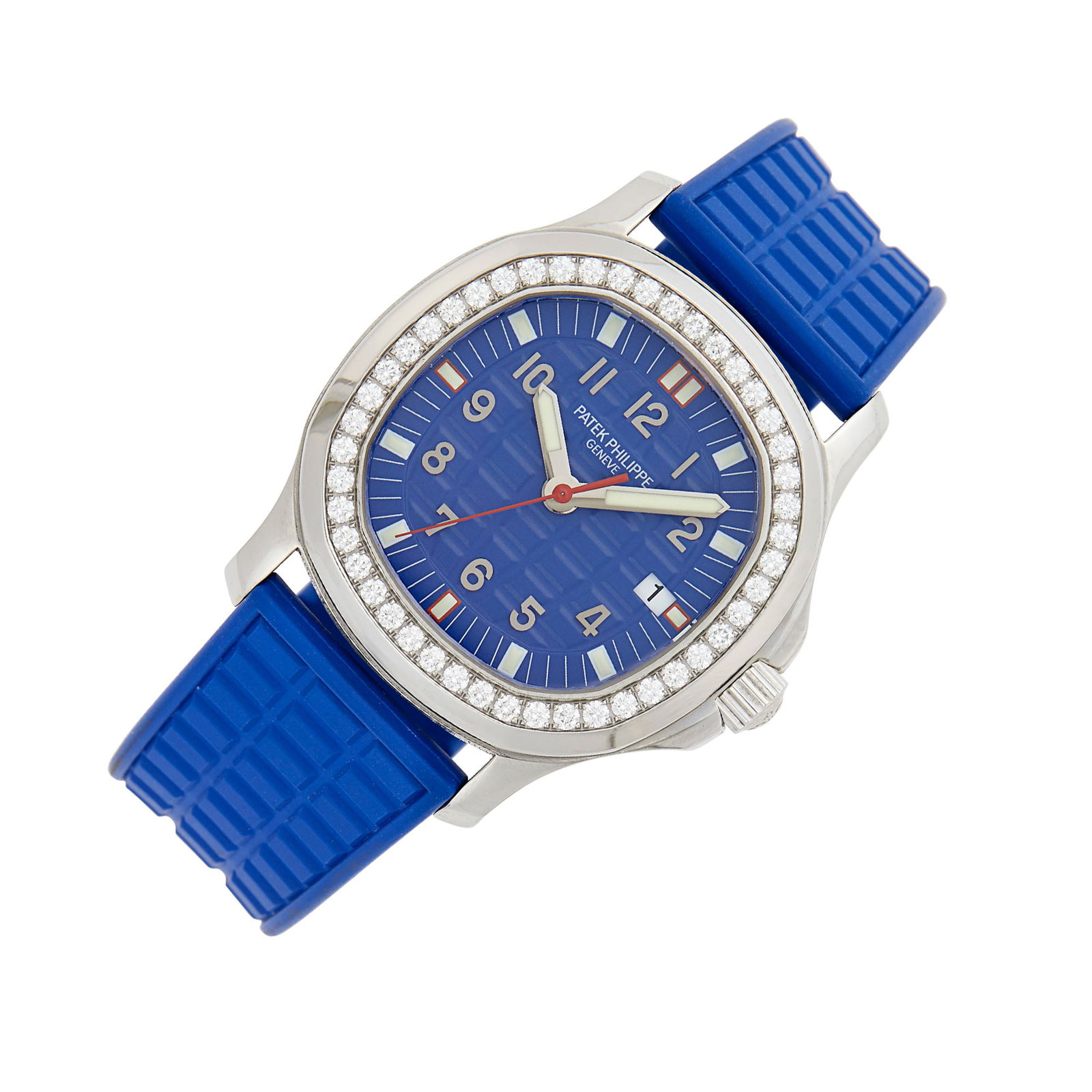 Patek Philippe Stainless Steel and Diamond 'Aquanaut' Wristwatch, Ref. 5067: Quartz, cushion-shaped embossed blue dial, gray Arabic numerals, luminous markers and hands, red sweep seconds, date aperture, 46 round diamonds ap. 1.35 cts., screw-down crown, diameter ap. 34 mm., e