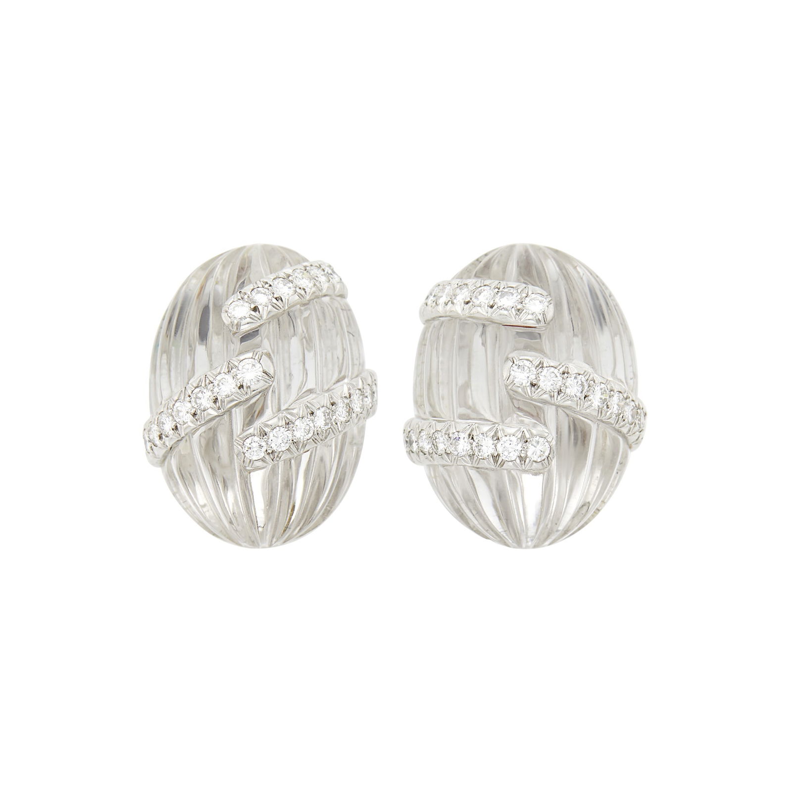 David Webb Pair of White Gold, Platinum, Carved Rock Crystal and Diamond Bombé Earclips (1 of 2)