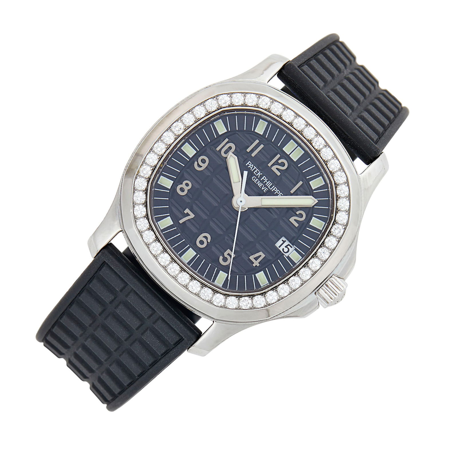 Patek Philippe Stainless Steel and Diamond 'Aquanaut' Wristwatch, Ref. 5067: Quartz, cushion-shaped embossed black dial, gray Arabic numerals, luminous markers and hands, white sweep seconds, date aperture, round diamonds ap. 1.35 cts., screw-down crown, diameter ap. 34 mm., e