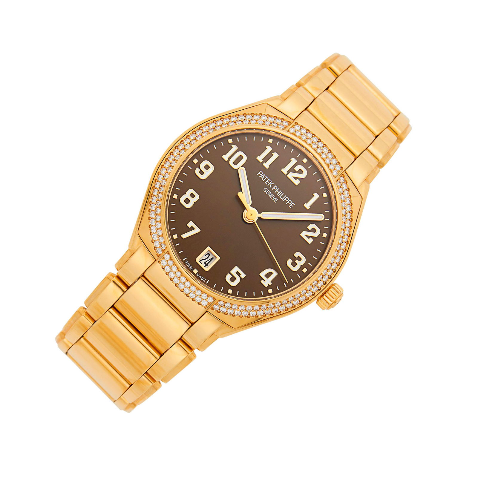 Patek Philippe Rose Gold and Diamond 'Twenty-4' Wristwatch, Ref. 7300: 18 kt., automatic, circular sunburst brown dial, gold and luminous Arabic numerals and hands, gold sweep seconds, date aperture, small round diamonds ap. .75 ct., sapphire crystal, exhibition back, di