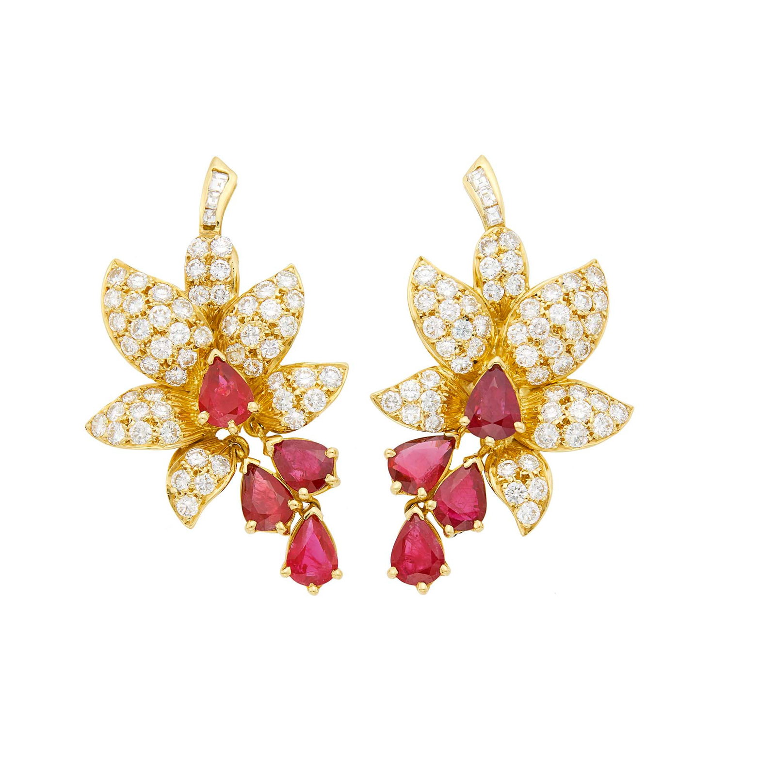 Pair of Gold, Ruby and Diamond Flower Earclips (1 of 2)