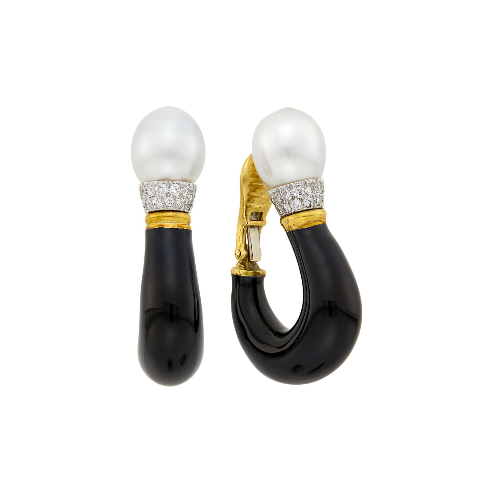 David Webb Pair of Gold, Platinum, Black Enamel, Cultured Pearl and Diamond Hoop Earclips (1 of 2)