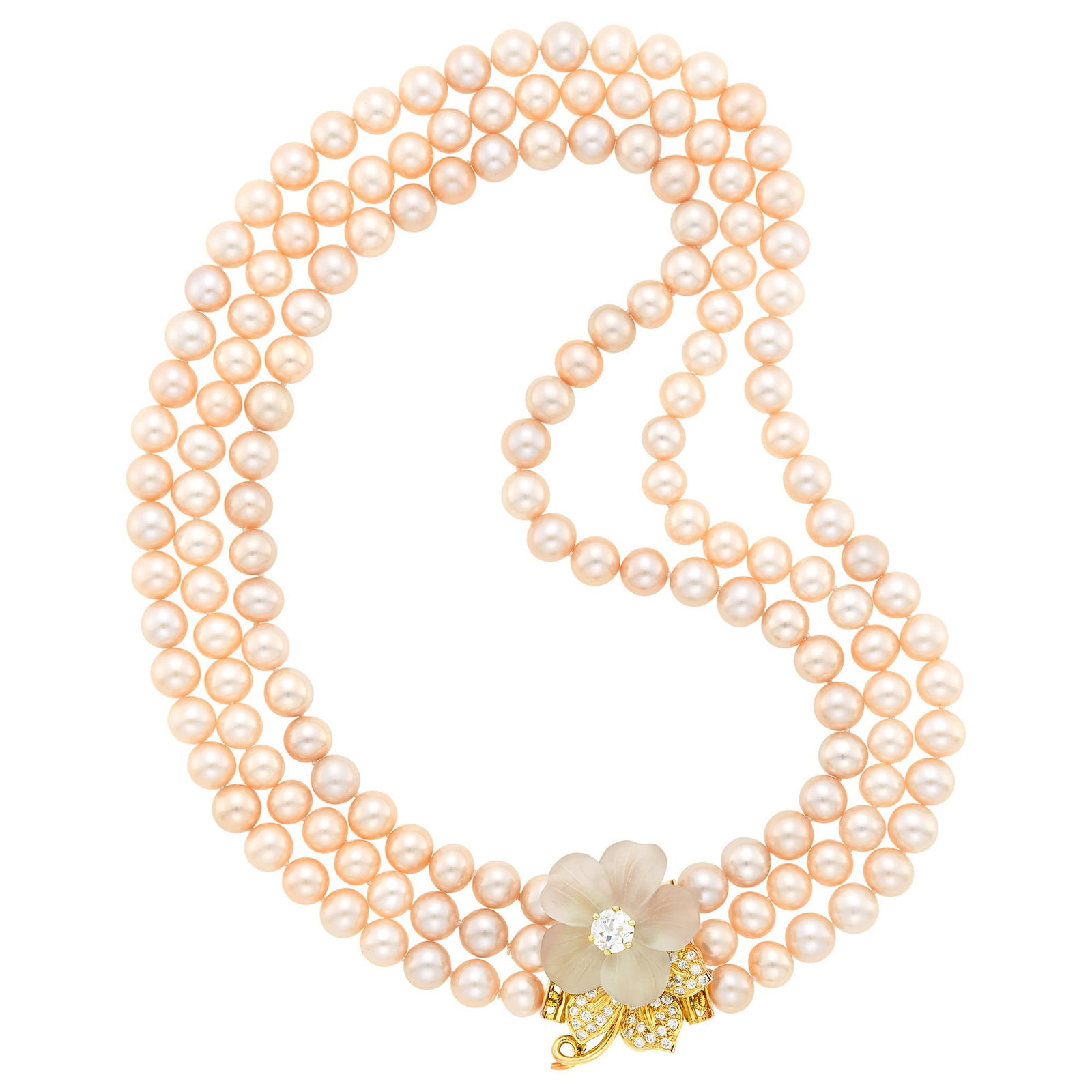 Gold, Carved Frosted Rock Crystal and Diamond Flower Pendant-Brooch/Clasp with Triple Strand (1 of 3)