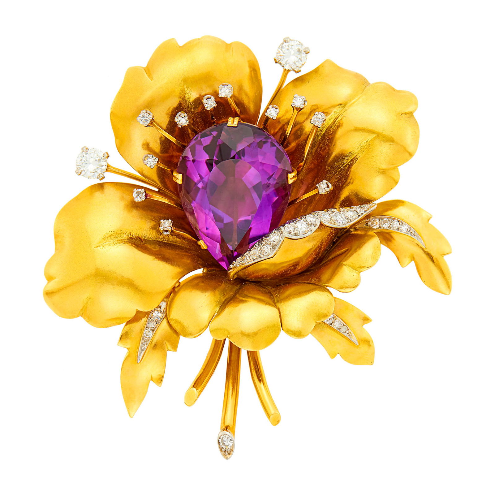 Gold, Platinum, Amethyst and Diamond Flower Clip-Brooch, France (1 of 2)
