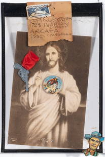 Martin Wong: American, 1946-1999 Untitled (Cowboy Sacred Heart), 1978 Signed Martin and inscribed extensively on reverse Ink on found printed card, with graphite on paper and collaged found elements in plastic sle