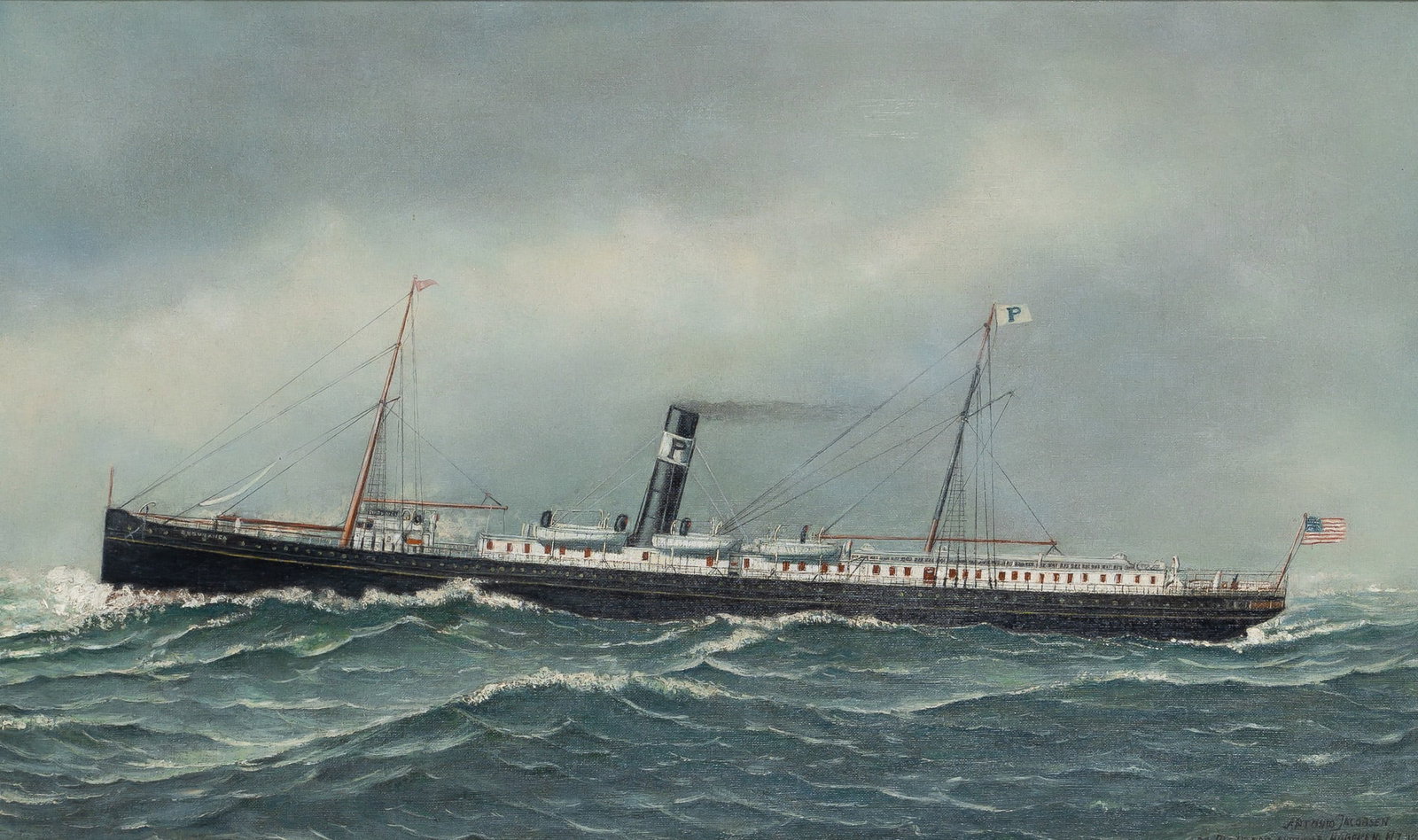 Antonio Nicolo Gasparo Jacobsen: Danish/American 1850-1921 Seguranca, 1918 Signed Antonio Jacobsen, dated 18, and inscribed 31 Palisade Avenue, Hoboken, N. J. (lr) Oil on canvas 18 x 30 1/8 inches Provenance: Doyle, New York, May 21,