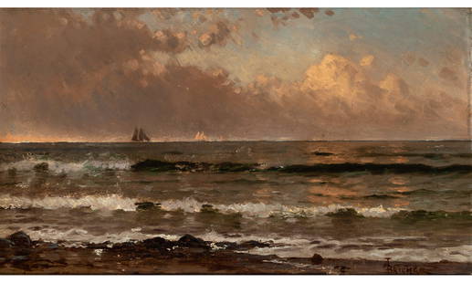 Alfred Thompson Bricher: American, 1837-1906 Seascape Signed (lr) Oil on board 9 x 16 inches