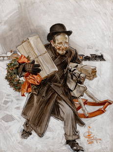 Joseph Christian Leyendecker: German/American 1874-1951 Father Rushing Home with an Armload of Gifts, The Saturday Evening Post Cover, December 4, 1909 Signed J C Leyendecker (lr) Oil on canvas laid to Masonite 27 1/8 x 20 1/2 inc