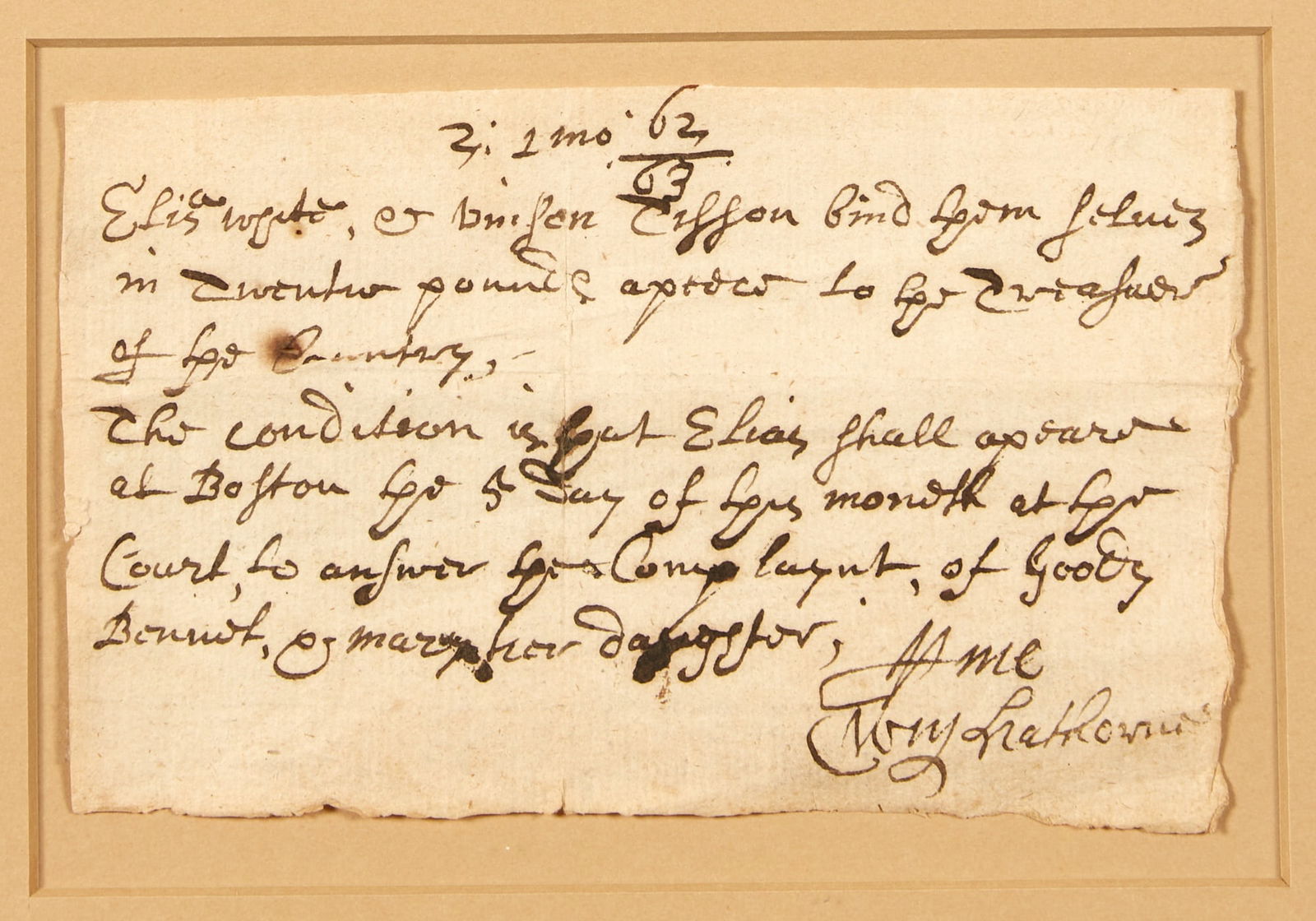 Document signed by William Hathorne, the prosecutor of the Quakers (1 of 2)