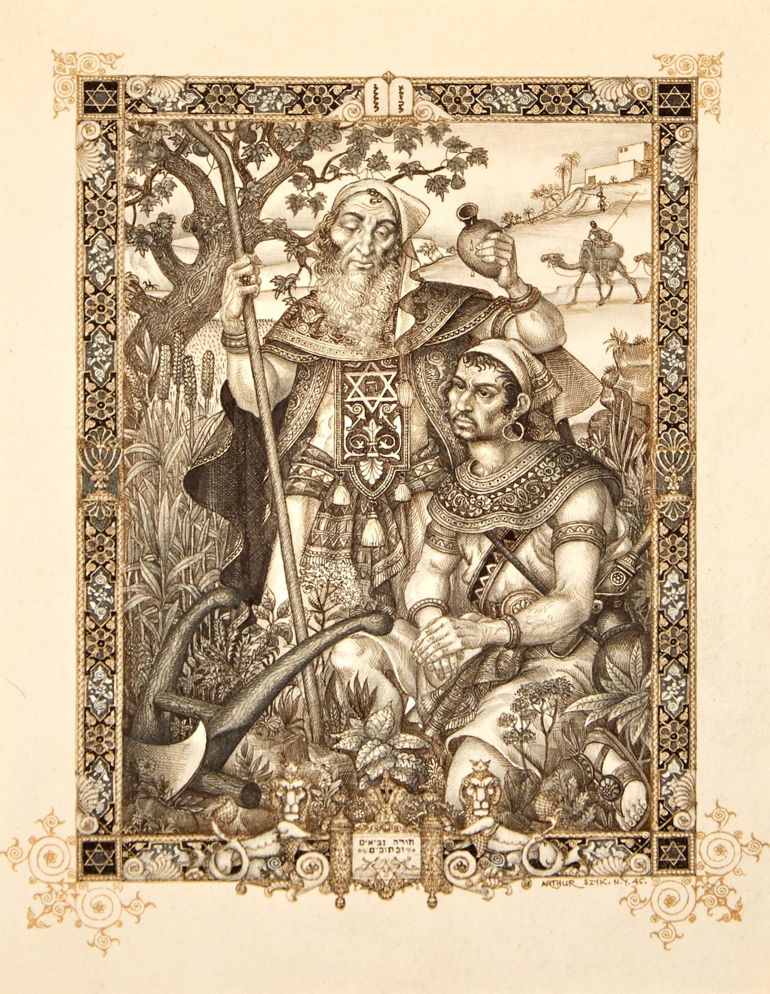 Original pen and ink drawing for Samuel & Saul by Arthur Szyk: [SZYK, ARTHUR] Original pen and ink drawing for "Samuel & Saul" in Mortimer Cohen Pathways through the Bible. The printed book published Philadelphia: The Jewish Publication Society of America, 19