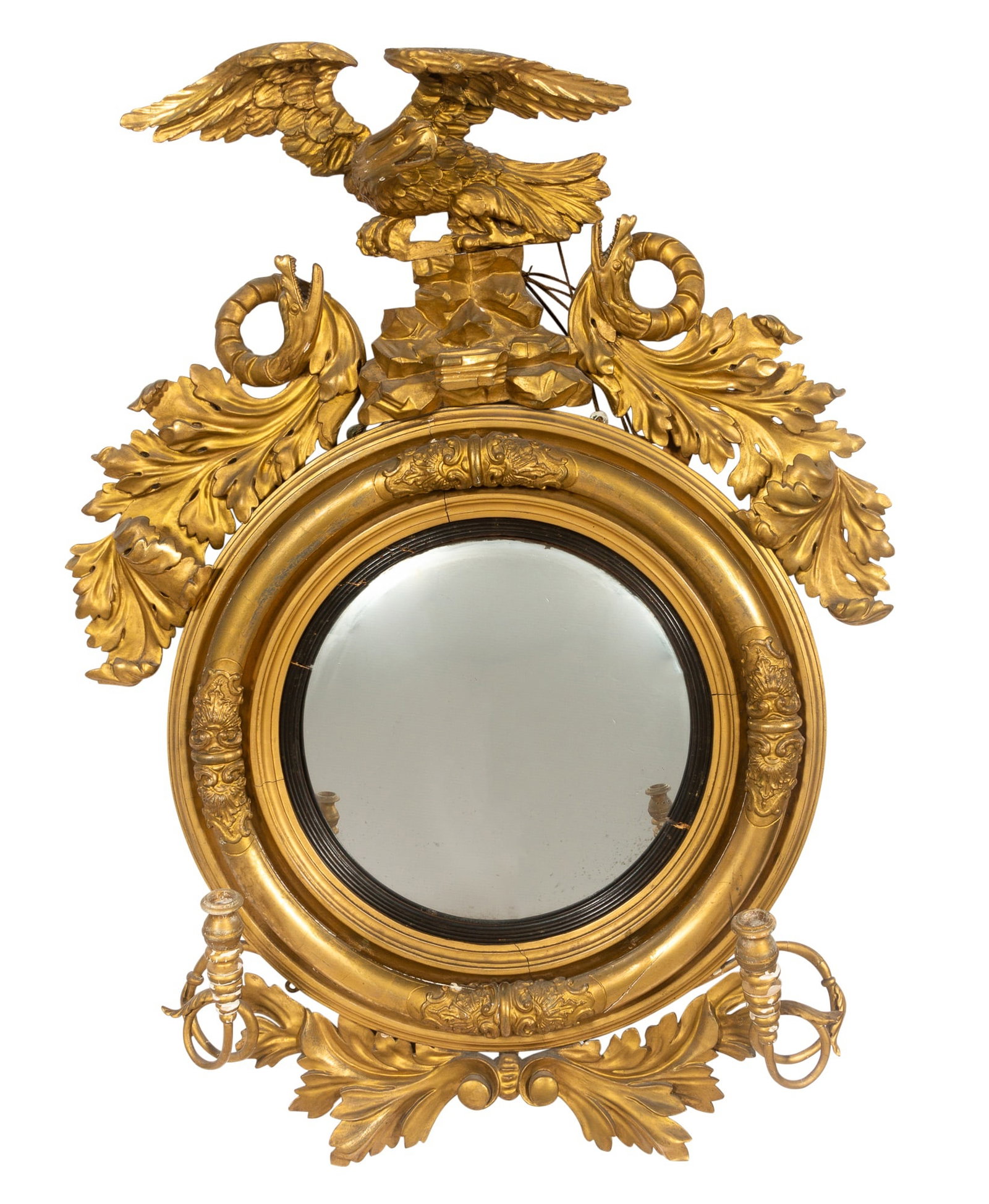 Classical Giltwood and Part-Ebonized Convex Girandole Mirror (1 of 2)