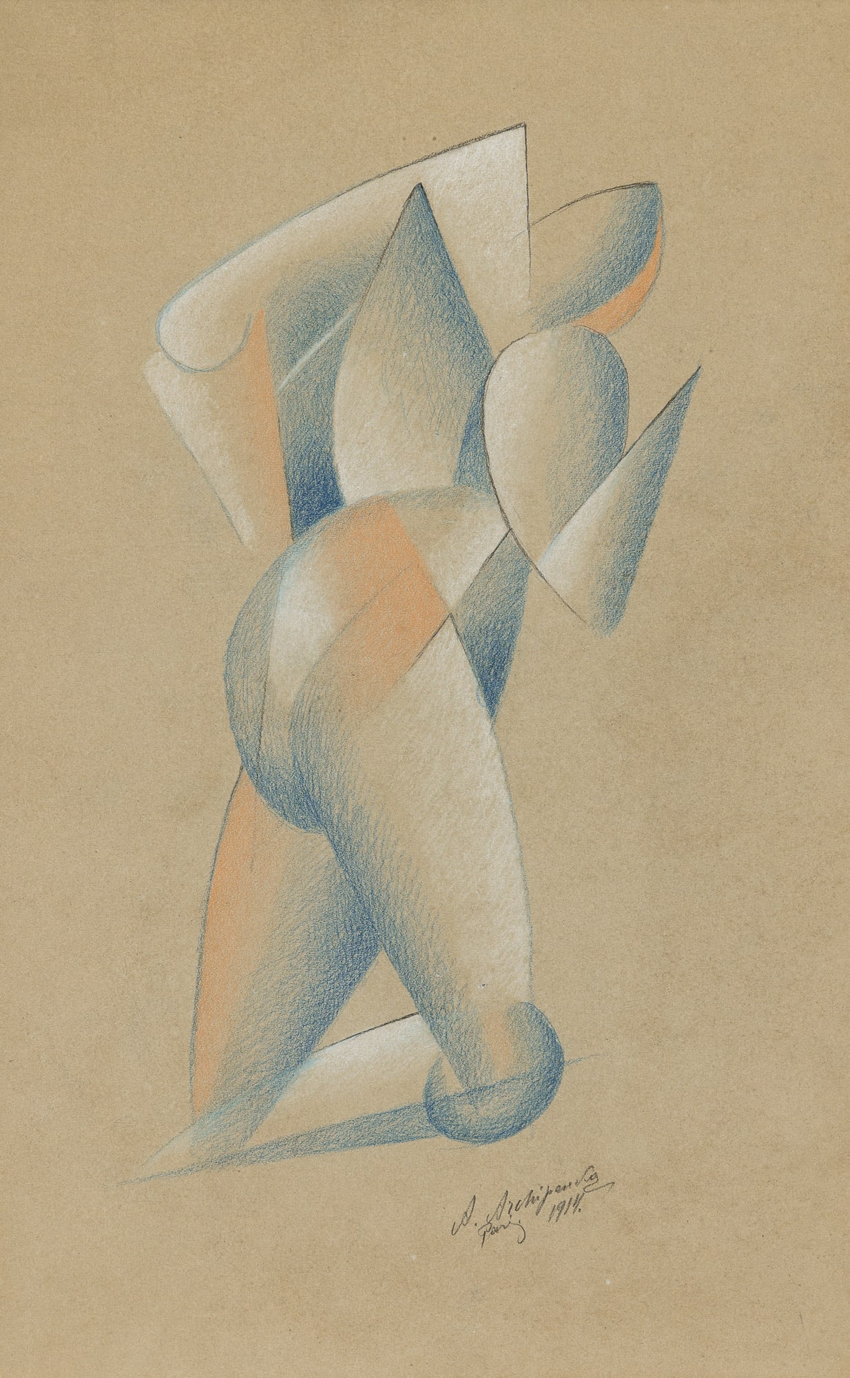 Alexander Archipenko (Ukrainian/American, 1887-1964): Ukrainian/American, 1887-1964 Baigneur "Femme Marchant", 1914 Signed and dated A. Archipenko/ Paris 1914. (lr) Colored pencil and pastel on light grey/blue paper 18 7/8 x 12 1/4 inches (48 x 31 cm) Pr