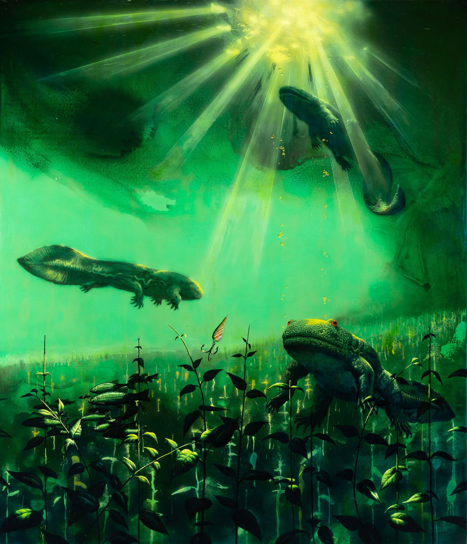 Alexis Rockman: American, b. 1962 Allure of Land, 2005 Signed and dated Alexis Rockman 2005 and inscribed as titled on the reverse Oil on panel 84 x 72 inches (213.36 x 182.88 cm) Unframed