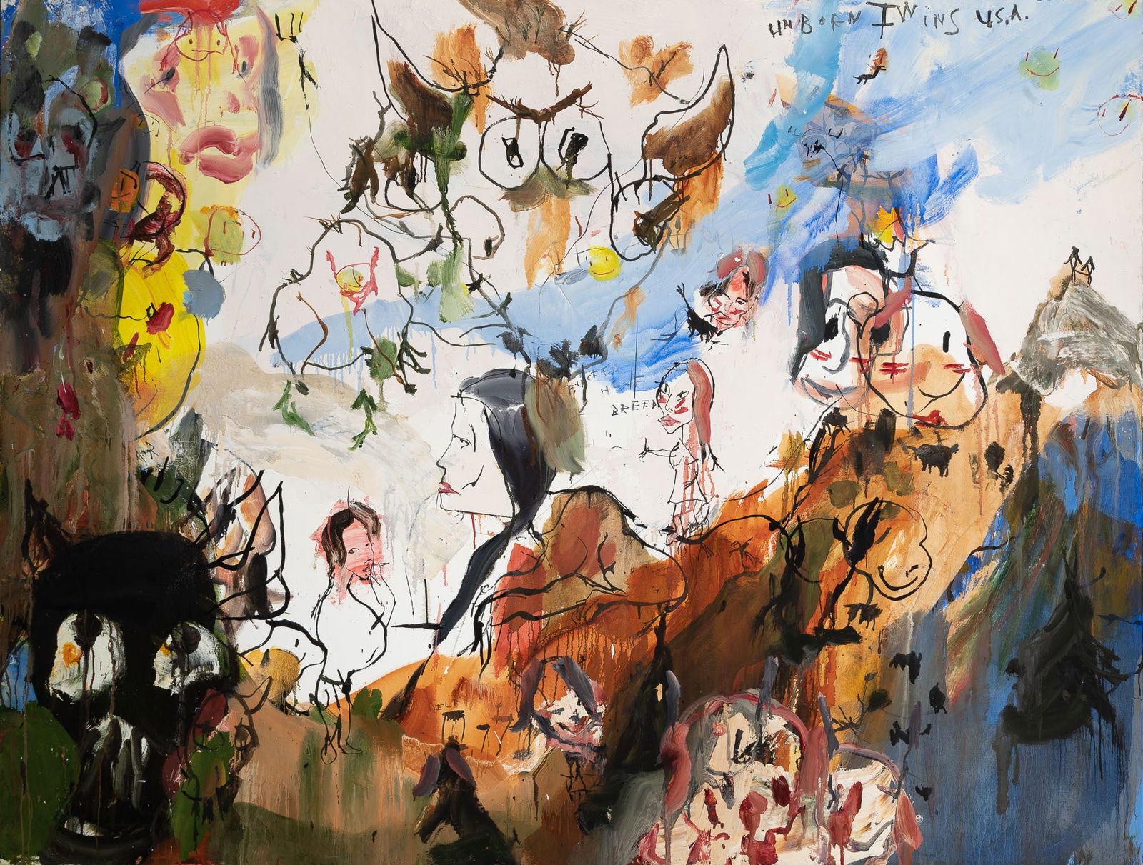 Brad Kahlhamer: American, b. 1956 Unborn Twins USA, 2001 Inscribed as titled (ur), signed and dated Brad Kahlhamer 2001 and inscribed as titled on the reverse Oil on canvas 64 x 84 inches (162.5 x 213.3 cm) Unframed