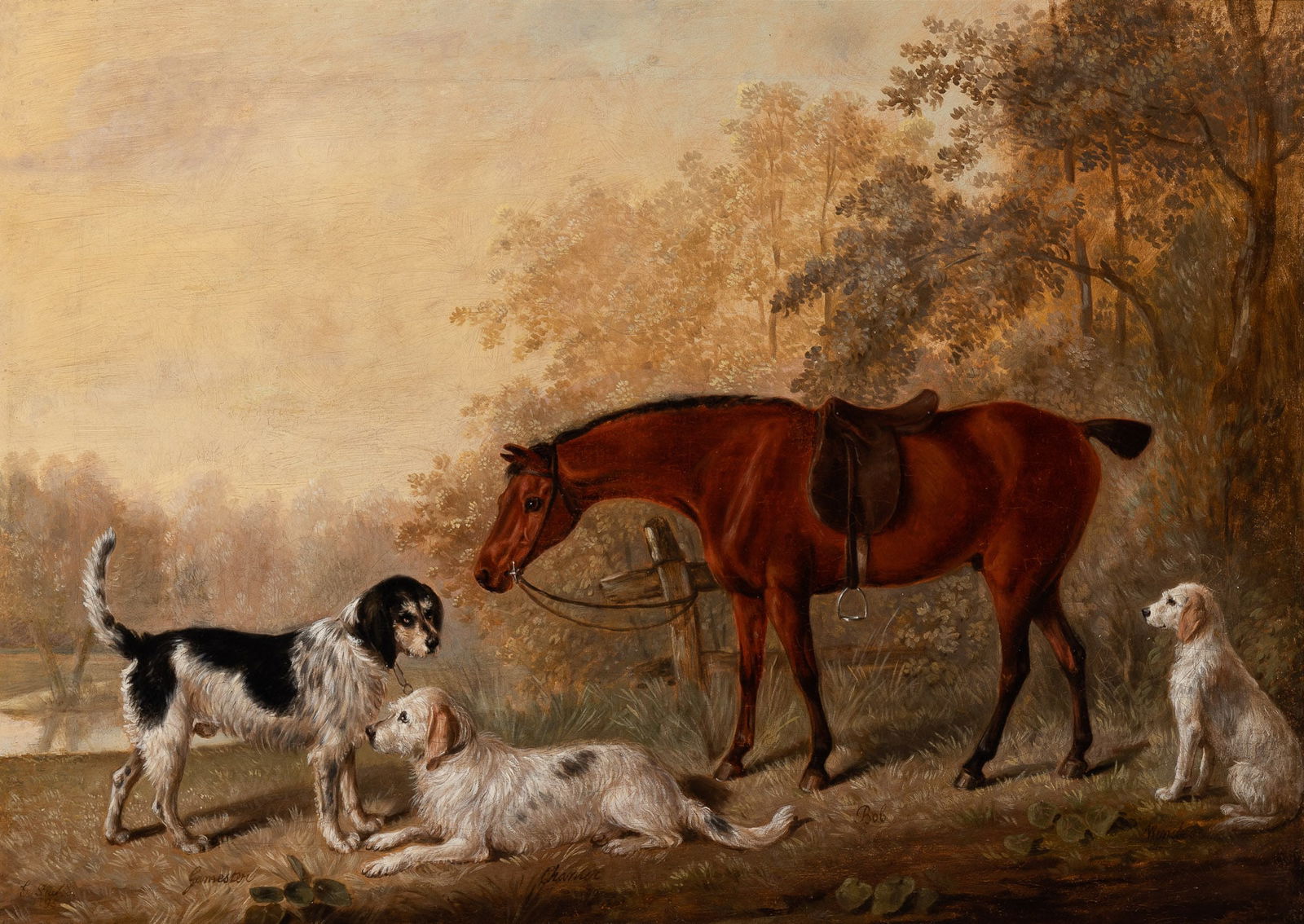 Manner of George Stubbs: Estate / Collection: The Collection of the Direct Descendants of Gertrude Vanderbilt Whitney A Horse and Three Dogs, 1795 Inscribed G. Stubbs and dated1795 (ll); also inscribed with the names of the h