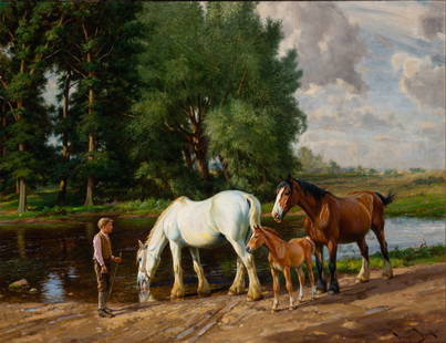 Wright Barker: British, 1864-1941 Watering the Horses Signed Wright Barker (lr); also inscribed Copyright Reserved/Wright Barker on the reverse Oil on canvas 34 x 44 1/8 inches (86.3 x 112 cm)