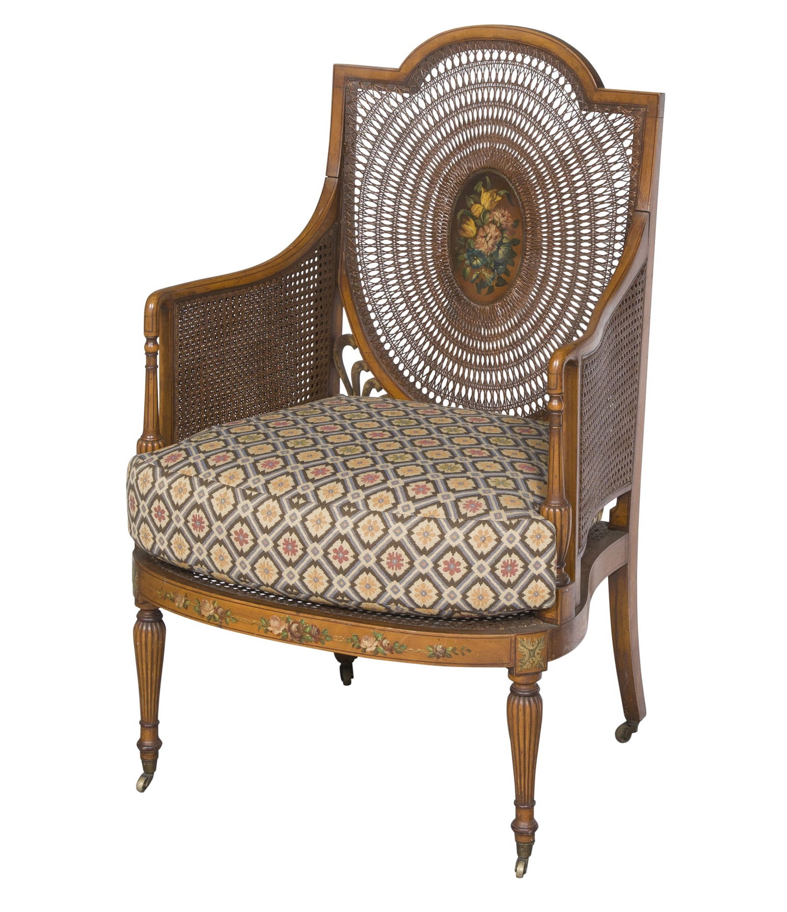 Edwardian Painted Satinwood and Caned Armchair: Height 42 1/4 inches, width 25 1/2 inches, depth of seat 22 inches, height of seat 20 inches.