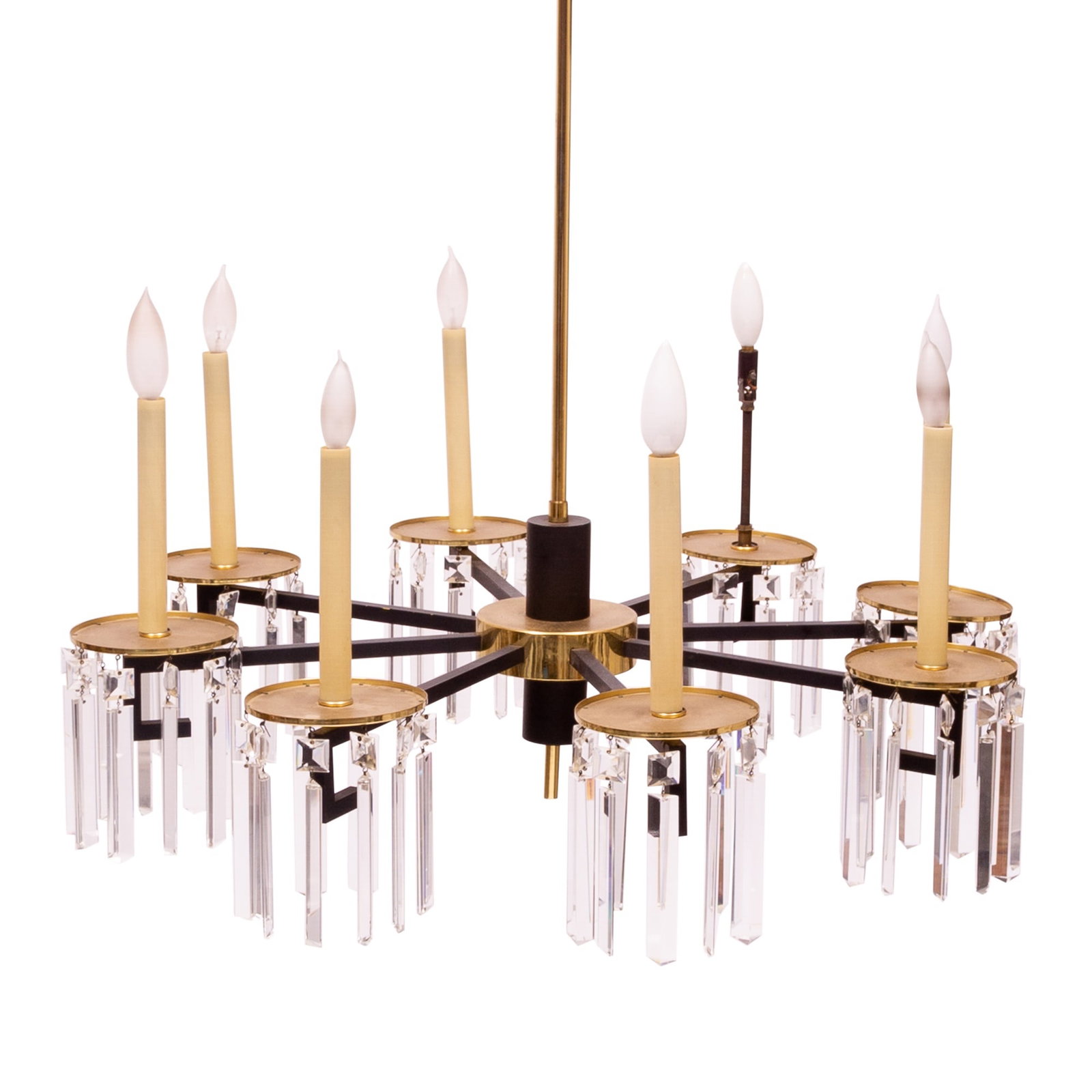 Modern Style Iron, Gilt Metal and Glass Chandelier: Height 33 inches, diameter 30 inches.