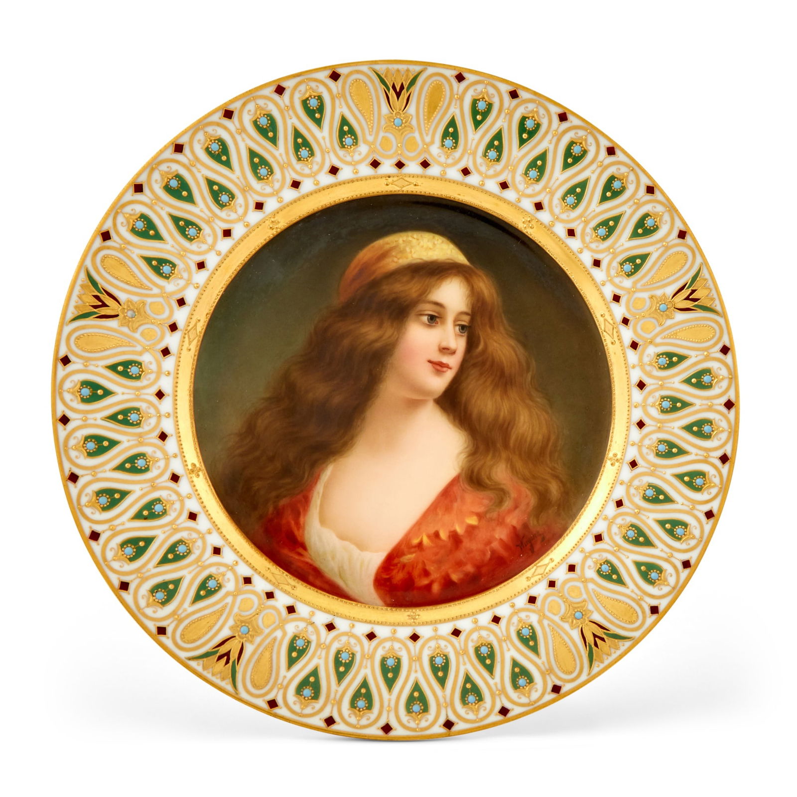 Vienna Style Gilt, Hand-Painted and Enameled Porcelain Portrait Cabinet Plate of Ayesta After Angelo (1 of 3)