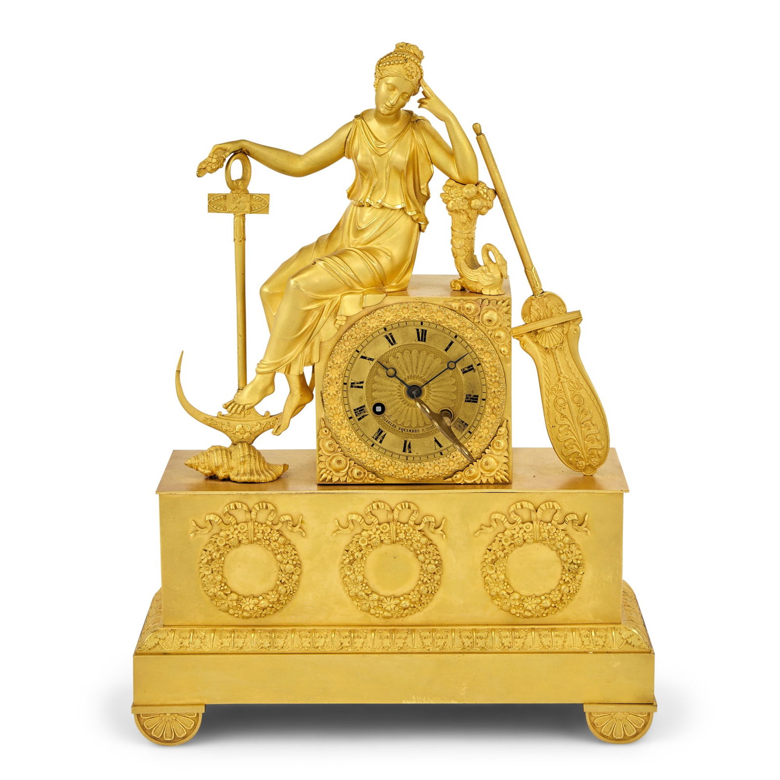 Empire Gilt-Metal and Gilt-Bronze Figural Mantel Clock Dial signed Charles Squimbre (1 of 5)