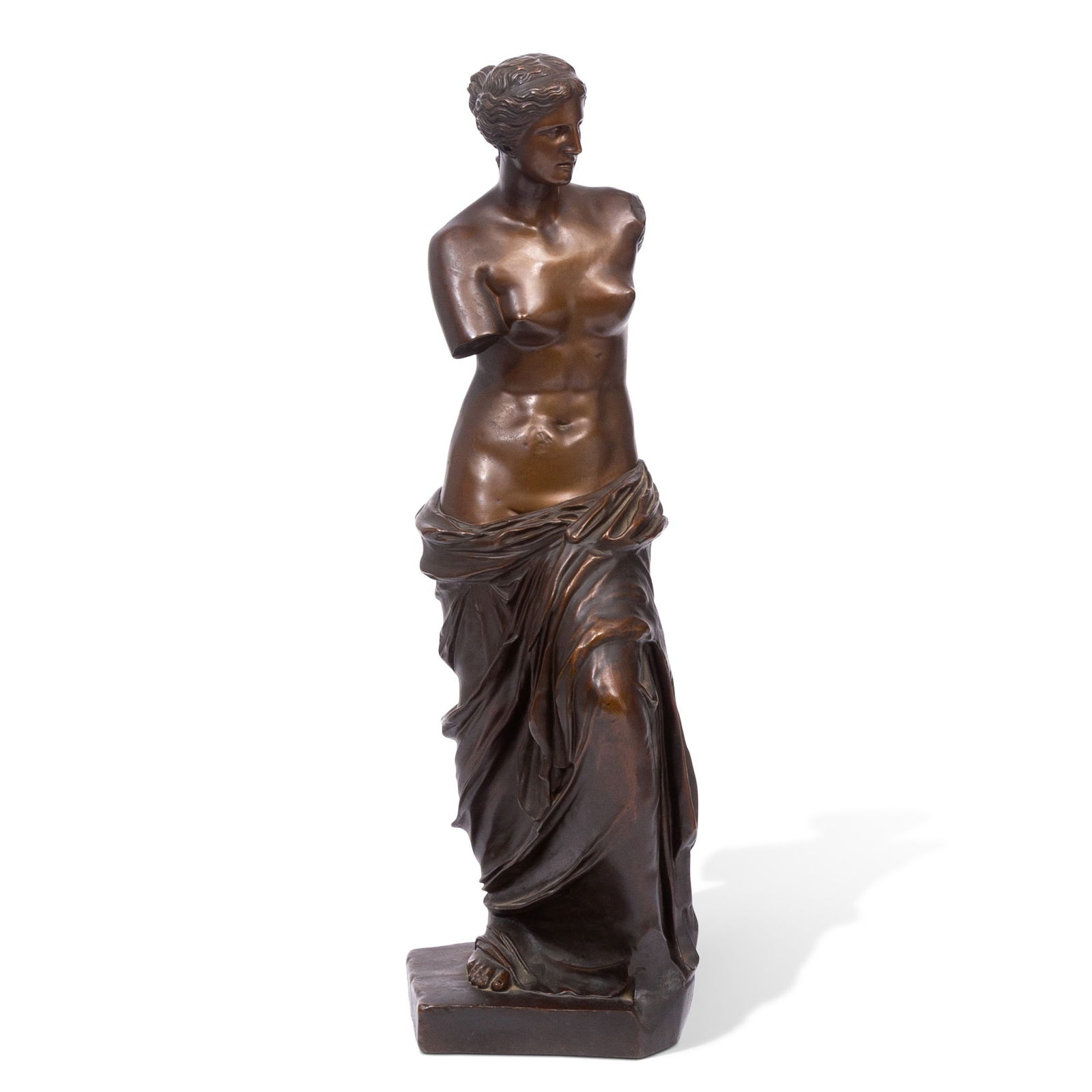 Patinated Bronze Figure of the Venus de Milo After the Antique: Modeled in a contrapposto pose, semi-nude, unsigned. Height 33 inches.
