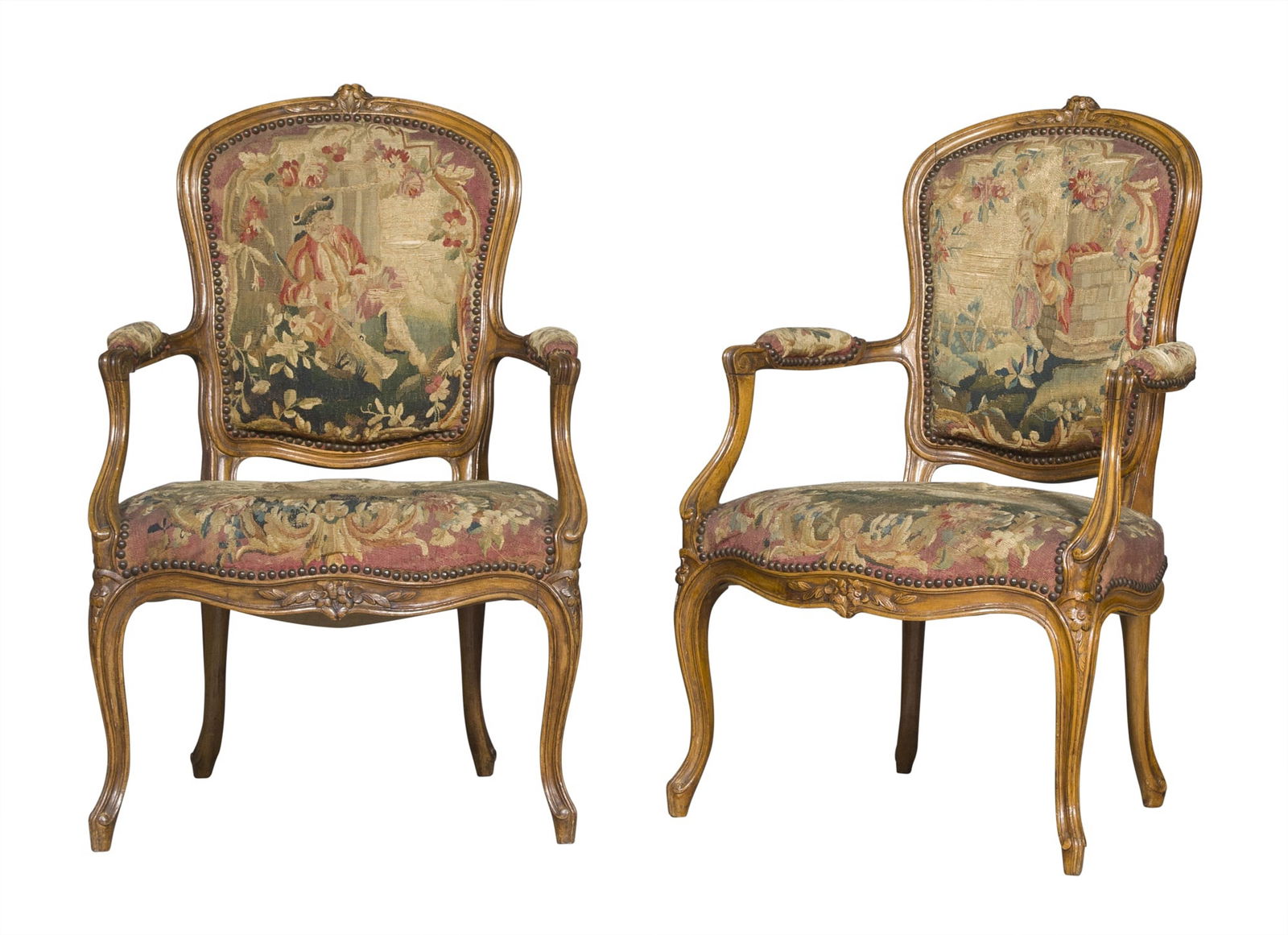 Pair of Louis XV Style Tapestry Upholstered Walnut Fauteuils (1 of 5)