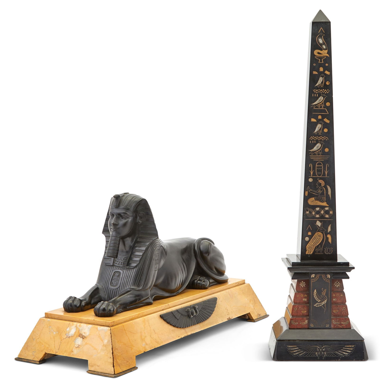 Patinated Bronze Figure of a Sphinx Together with a Carved Marble Obelisk (1 of 3)