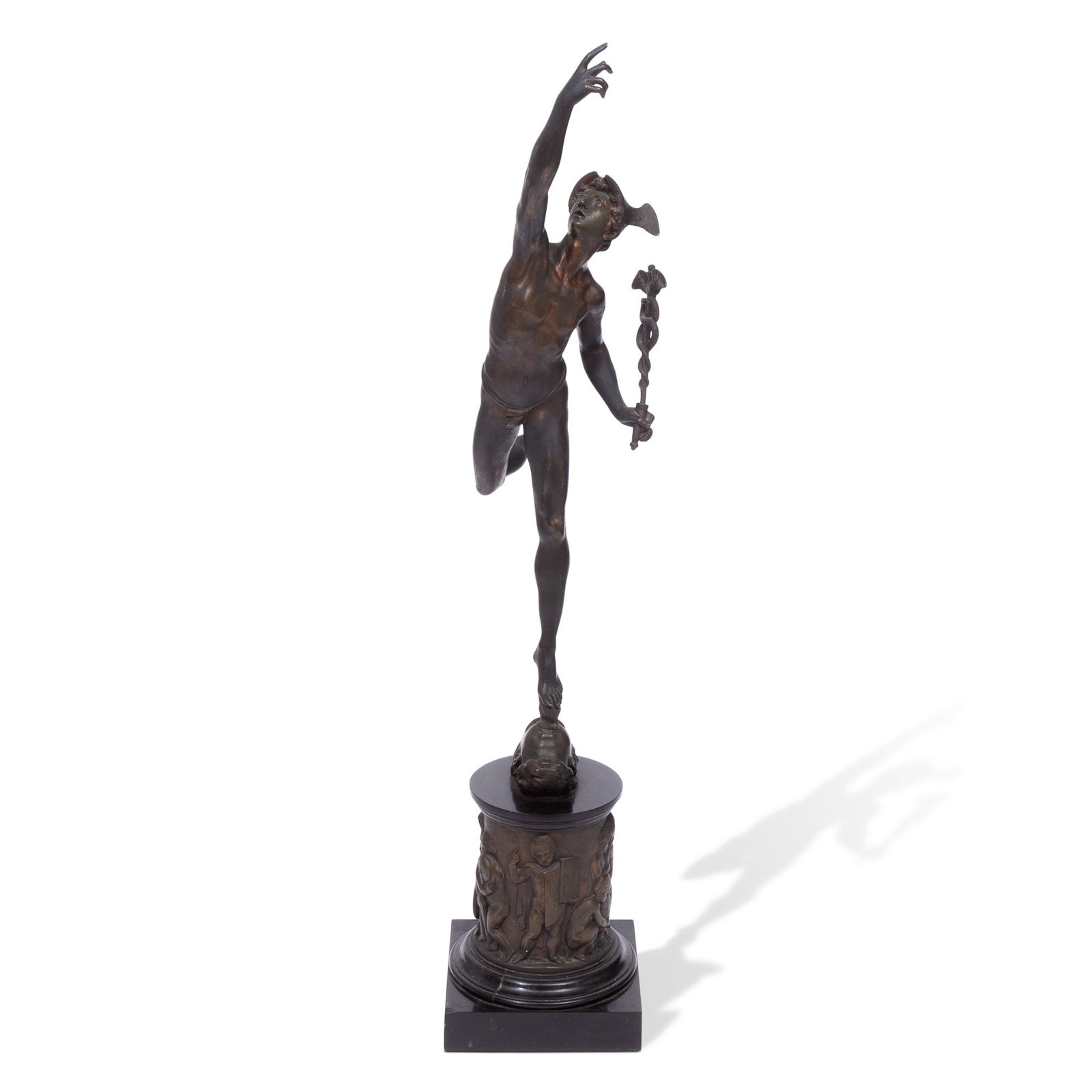 Patinated Bronze Figure of Mercury After Giambologna: Modeled in a standing pose, poised on one foot, nude except for a sash tied around his waist, with his right arm raised in the air and pointing to Jupiter, his left hand holding a caduceus, supported