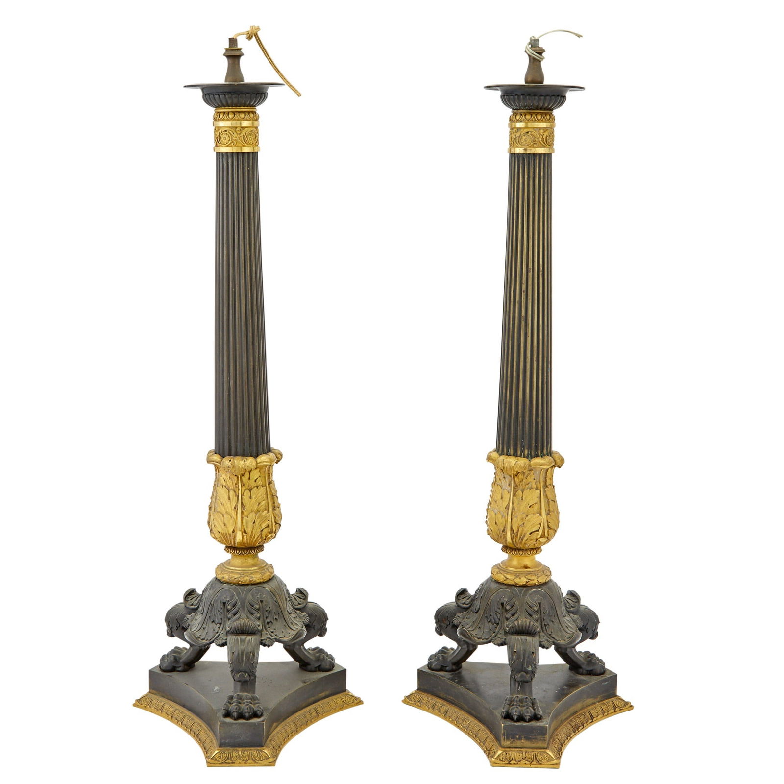 Pair of Charles X Gilt and Patinated Bronze Candelabra Bases Mounted as Lamps (1 of 3)