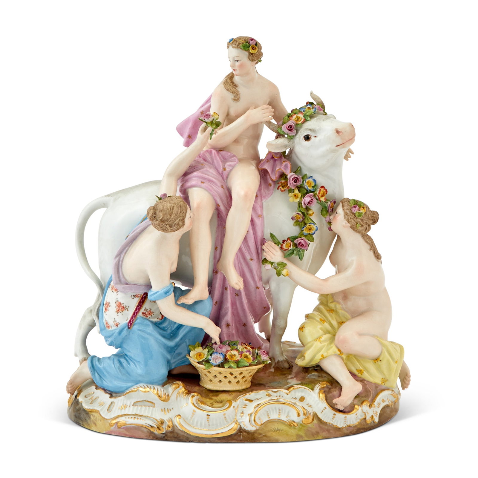Meissen Porcelain Figural Group of Europa and the Bull 20th Century: The Greek mythological princess modeled seminude seated atop a contented bull with two seminude female attendants nearby, signed with crossed swords mark in blue underglaze, incised 2647 and impressed