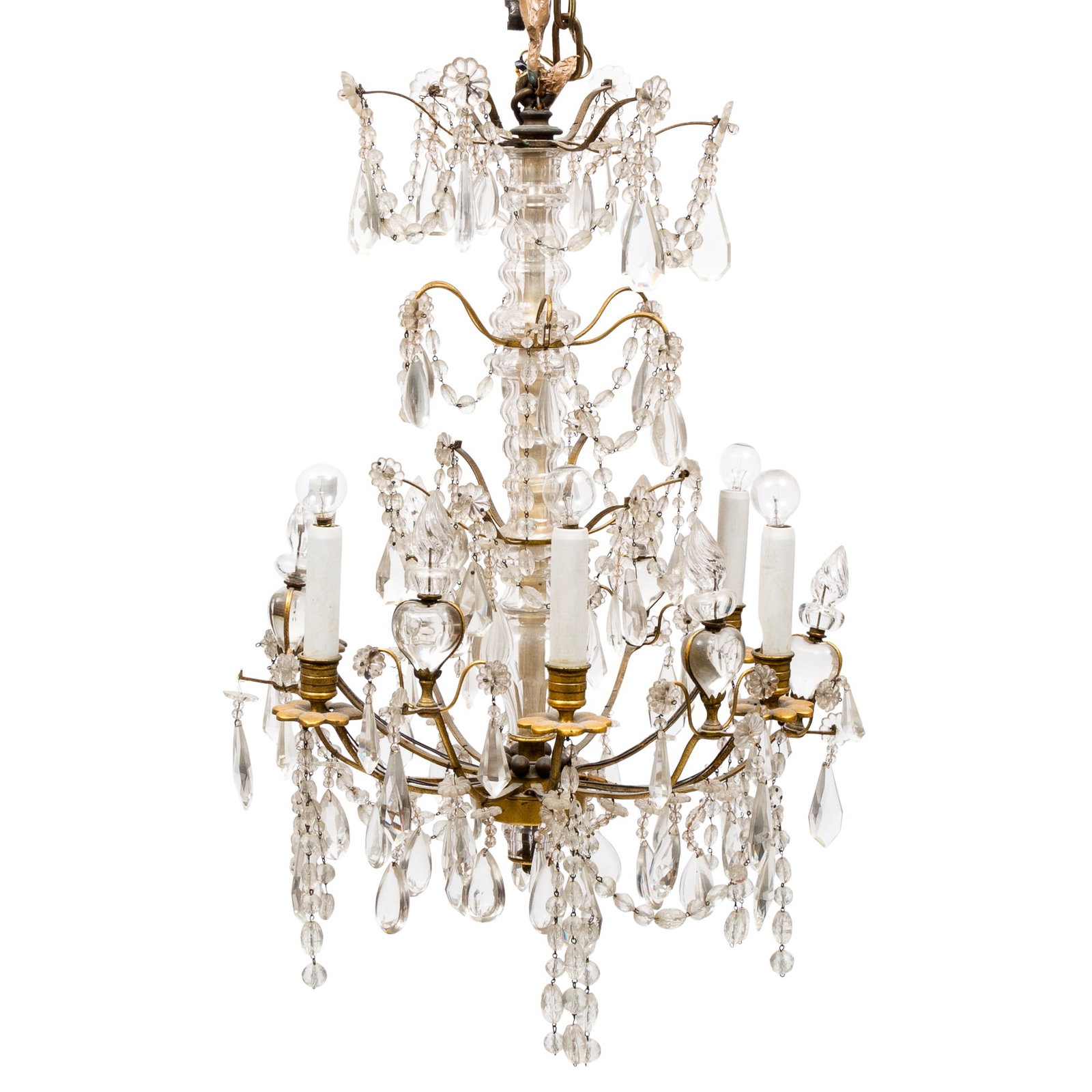 Louis XV/XVI Transitional Style Gilt-Brass and Glass Six-Light Chandelier: Height 30 inches, diameter 21 inches.
