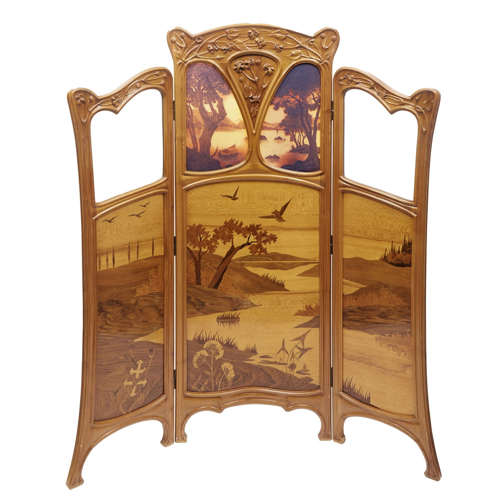 Art Nouveau Three-Panel Inlaid Walnut and Cameo Glass Screen Pantin with Camille Turtré de (1 of 5)