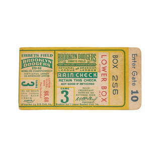 Baseball 1941 Brooklyn Dodgers Game 3 World's Championship Ticket Stub: Estate / Collection: The Estate of John E. Finnerty Jr. 1941 Brooklyn Dodgers World Series game 3 ticket stub, some minor paper thining evident on the lower reverse, not visible from the front, with