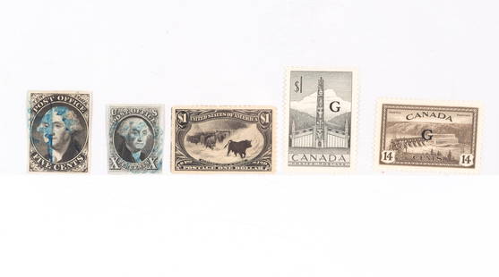Group of United States and Canadian Stamps: Enticing group of both US and Candian stamps, the US includes a cancelled 9X1 and a nice used # 2, with other saleable items, the Canada has a mix of early types, with useful mid 1940/60's and Offical