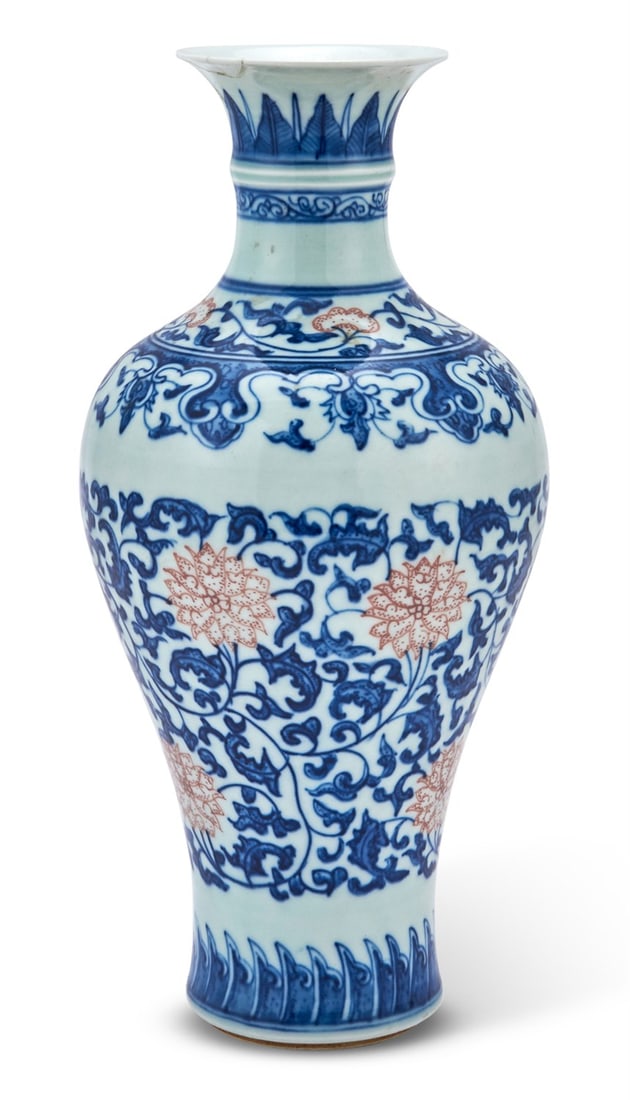 A Chinese Blue and White and Copper Red Porcelain Vase Qianlong Seal Mark, 19th-20th century (1 of 4)