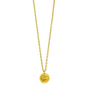 Van Cleef & Arpels Gold 'Capricorn' Pendant with Long Gold Chain Necklace, France: Estate / Collection: Collection of an International Family.18 kt., pendant signed VCA, no. 10761 CS, chain signed V.C.A., no. 10789 CS, both with maker's marks and French assay marks, ap. 42.7 dwts.