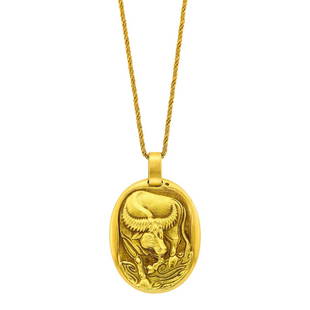 Cartier Paris Gold 'Taurus' Pendant with Gold Chain Necklace: Estate / Collection: The Estate of Gloria Naftali18 and 14 kt., pendant signed Cartier, Paris, no. 60055, 43012, with French export mark, chain unsigned, ap. 9.8 dwts. Length 18 1/4 inches.