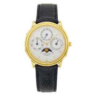 Audemars Piguet Gold 'Quanti&#232;me Perpetuel' Wristwatch, Ref. 25657BA: Estate / Collection: The Estate of Gloria Naftali 18 kt., automatic, circular white dial with gold-tone bar markers, three subsidiary dials for calendar: day, date and month, subsidiary dial for phase