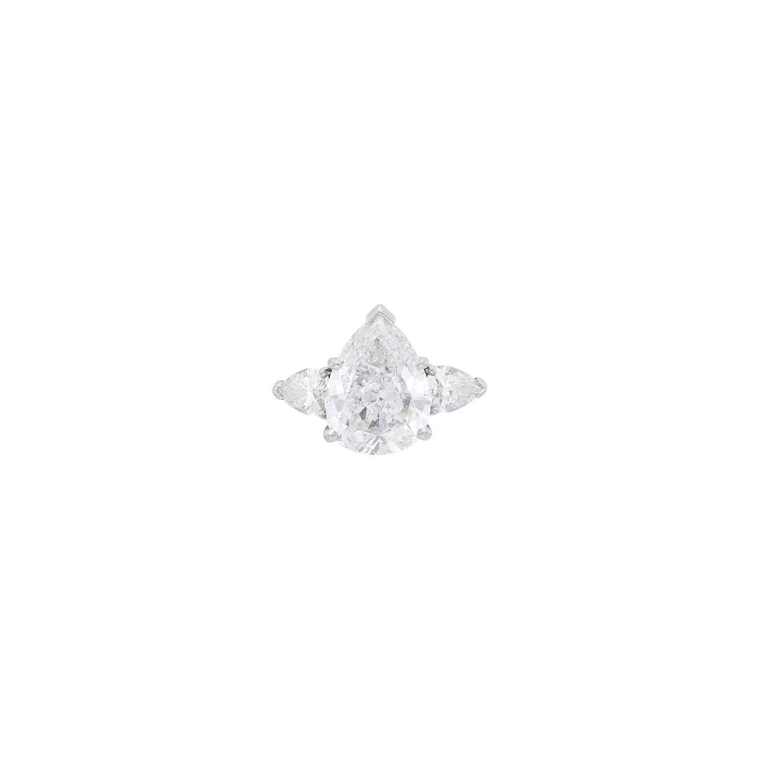 Platinum and Diamond Ring: Estate / Collection: Property of a Holmby Hills Beverly Hills Lady One pear-shaped modified brilliant diamond weighing 4.42 cts., 2 pear-shaped diamonds ap. .95 ct. Size 6 1/4. With GIA report no. 623