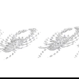 Tiffany & Co. Pair of Platinum and Diamond Crab Earrings: Estate / Collection: Property of a Manhattan Collector 110 round diamonds ap. 2.50 cts., signed Tiffany & Co., 1996, ap. 12.4 dwts. With signed box and bag.