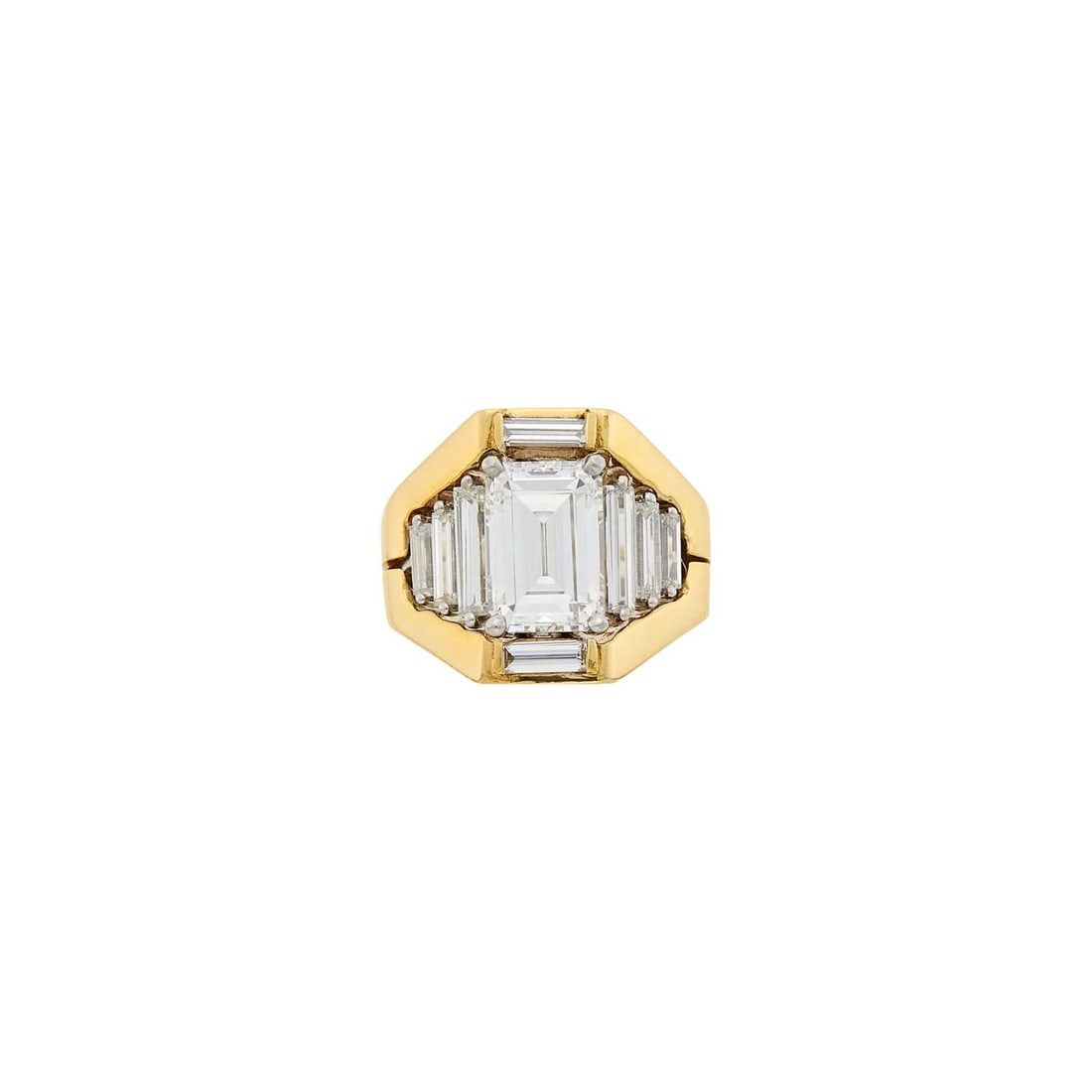 Platinum and Diamond Ring with Gold and Diamond Jacket: Estate / Collection: Property of a Holmby Hills Beverly Hills Lady One emerald-cut diamond weighing 4.68 cts., 8 baguette diamonds ap. 2.50 cts., jacket detachable, ap. 17 dwts. Sizes 6 and 7 1/4. Wit