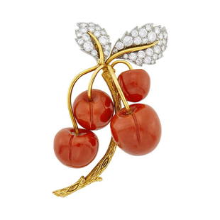 Donald Claflin for Tiffany & Co. Gold, Platinum, Carved Coral and Diamond Cherry Clip-Brooch: 18 kt., four coral cherries ap. 17.2 to 12.3 mm., 40 round diamonds ap. 2.80 cts., signed Tiffany & Co., ap. 22.2 dwts. gross.