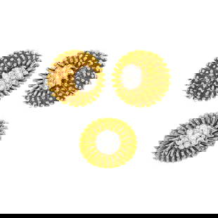 Pair of Gold, Platinum and Diamond Earclips and Van Cleef & Arpels Ring: Estate / Collection: Estate of an Elegant Lady 18 kt., 21 round diamonds ap. 2.35 cts., ring signed VCA, nos. 5V150-1, D.70, with obscured maker's marks, earclips signed H, ap. 25.7 dwts. With signed