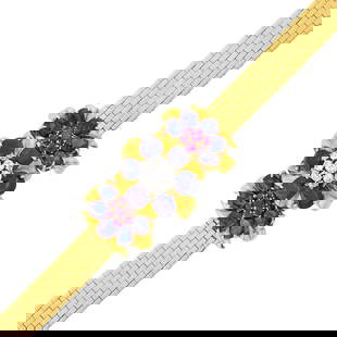 Gold, Platinum, Sapphire, Ruby and Diamond Flower Bracelet-Watch: Estate / Collection: Collection of The Pulitzer Family Mechanical, circular gold-tone dial, 13 old-mine and European-cut diamonds ap. .95 ct., 16 oval and cushion-shaped sapphires ap. 11.70 cts., 14 r