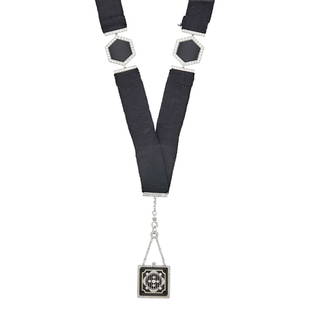 Dreicer & Co. Platinum, Gold, Platinum, Black Onyx, Black Enamel and Diamond Pendant-Watch Necklace: Mechanical, circular silver-tone guilloché dial, black Arabic numerals, blued steel hands, black enamel frame, small old-mine and rose-cut diamonds, rose-cut diamond crown, black grosgrain ribbon