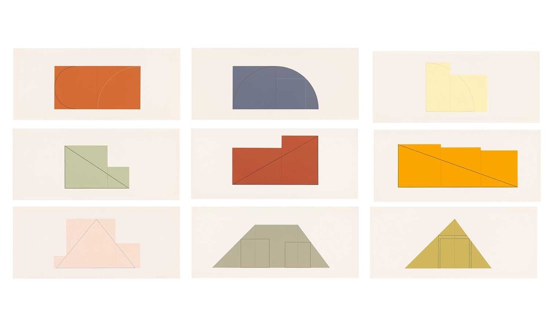 Robert Mangold (b. 1937): MULTIPLE PANEL PAINTINGS, 1973-1976 (A BOOK OF SILK SCREENPRINTS) Complete set of nine color screenprints, joined together (as issued), 1977, on Fabriano Cotton paper, one signed and numbered 94 in pe