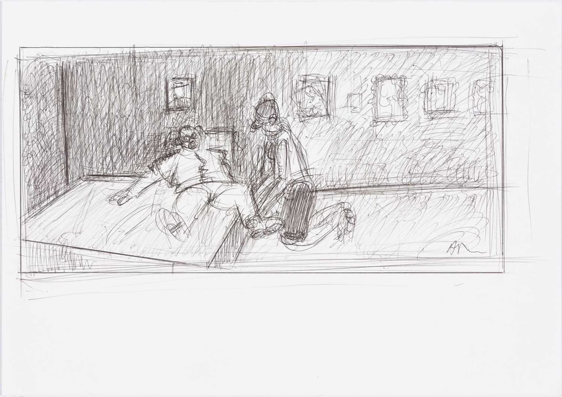 Apostolos Georgiou: Greek b.1952 Untitled (Figures in a Bedroom) Signed A Georgiou (lr) Ink on paper 8 1/4 x 11 3/4 inches (21 x 29.8 cm) Unframed