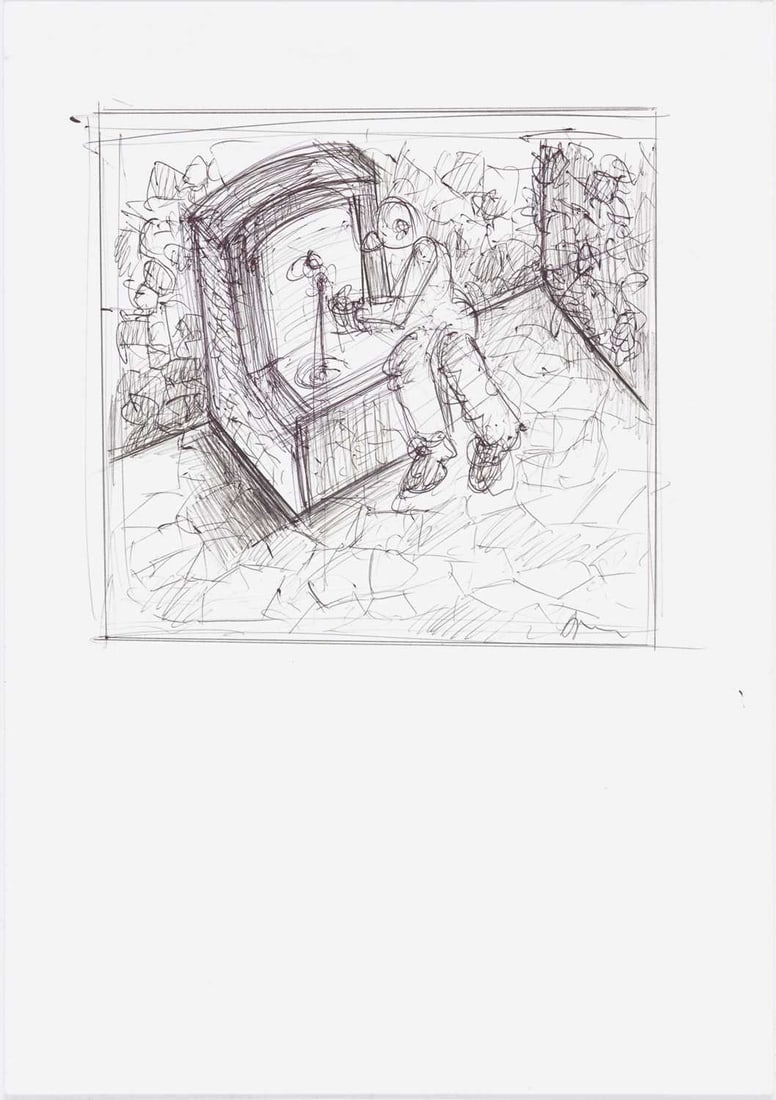 Apostolos Georgiou: Greek b.1952 Untitled (Cemetery Visit) Signed A Georgiou (lr) Ink on paper 8 1/4 x 11 3/4 inches (21 x 29.8 cm) Unframed